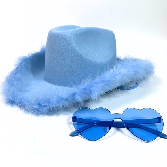 6851 Light Blue Cowboy Hat With Feathers Heart Shaped Sunglasses main image 5